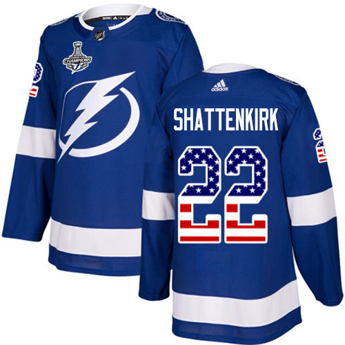Adidas Tampa Bay Lightning Men #22 Kevin Shattenkirk Blue Home Authentic USA Flag 2020 Stanley Cup Champions Stitched NHL Jersey